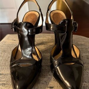 Patent Black T-Strap Pointed Toe Heels with Ankle Buckle